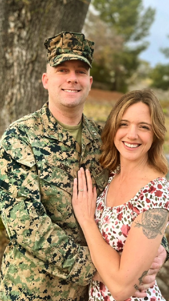 Photo of Evan and Shyla Jones. Evan is wearing his Marine uniform.